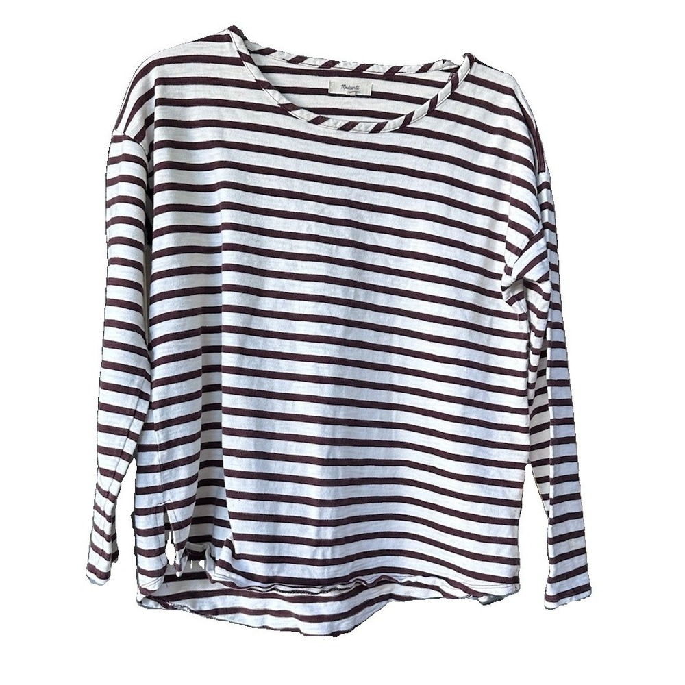 Madewell Women T Shirt L Brown White Striped Long Sleeve Cotton Comfort Coastal